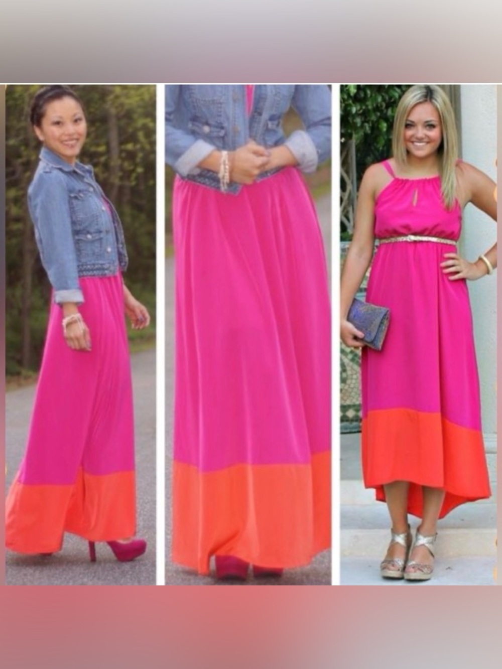 Old Navy Maxi Dress Tie Back Pink Fuchsia Orange Color Block Size Small